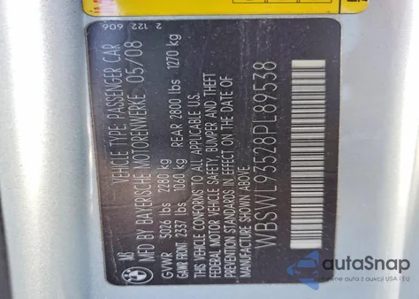 2008 BMW M3 из США, поврежденный, VIN WBSWL93528PL89538